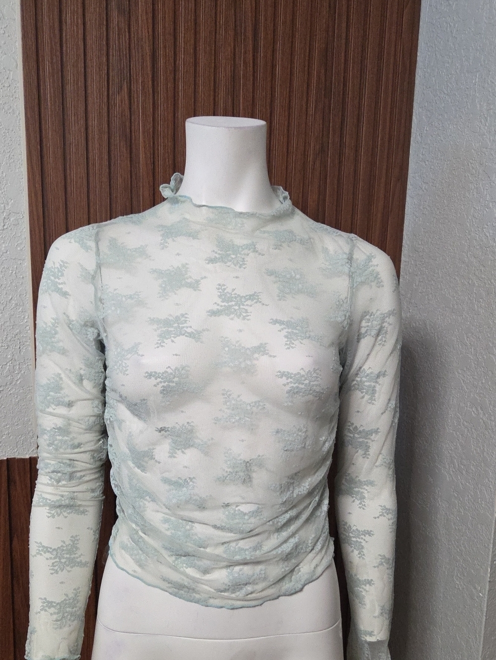 All in Favor Pale Mint Sheer Lace Long-Sleeve Top Medium Sz